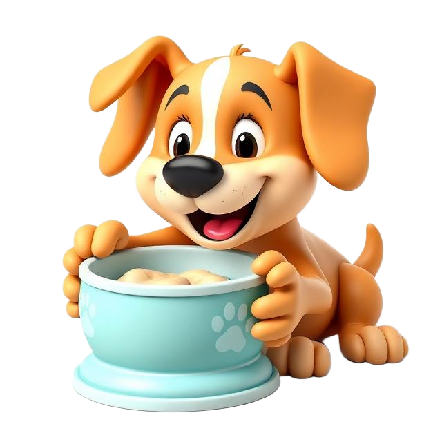 Cachorro comemorando com a tigela cheia