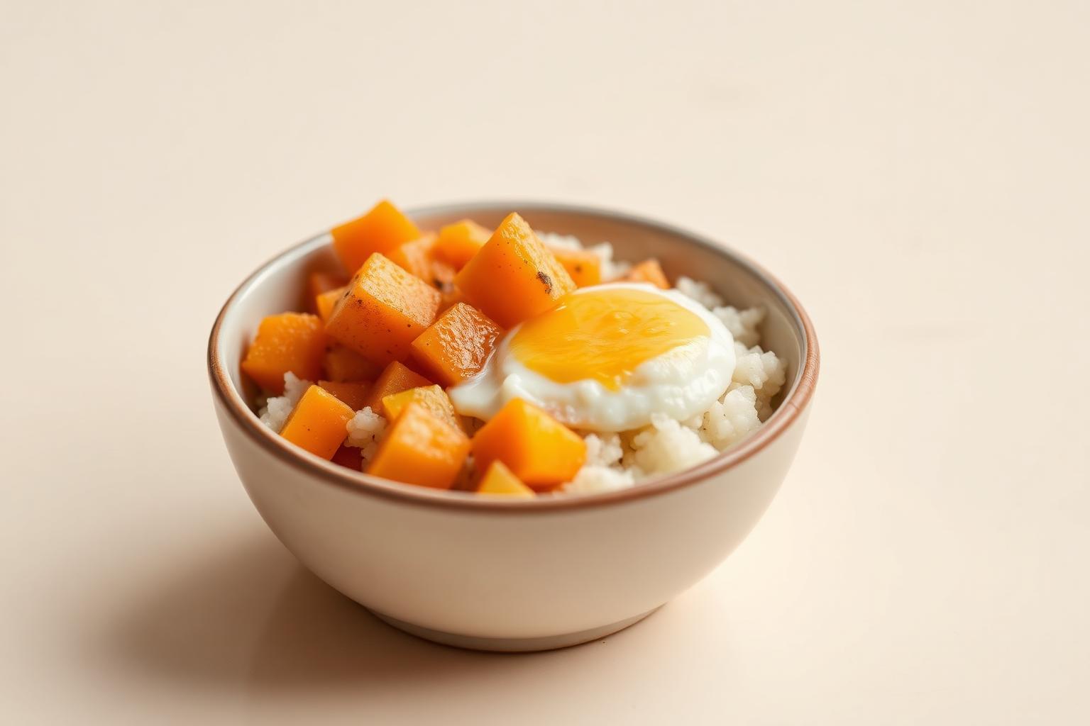 Ovo com arroz e chuchu pronta em uma tigela